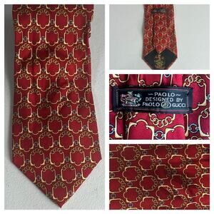 Paolo Gucci Men's Tie Red With Gold Links Geometric Design Vintage